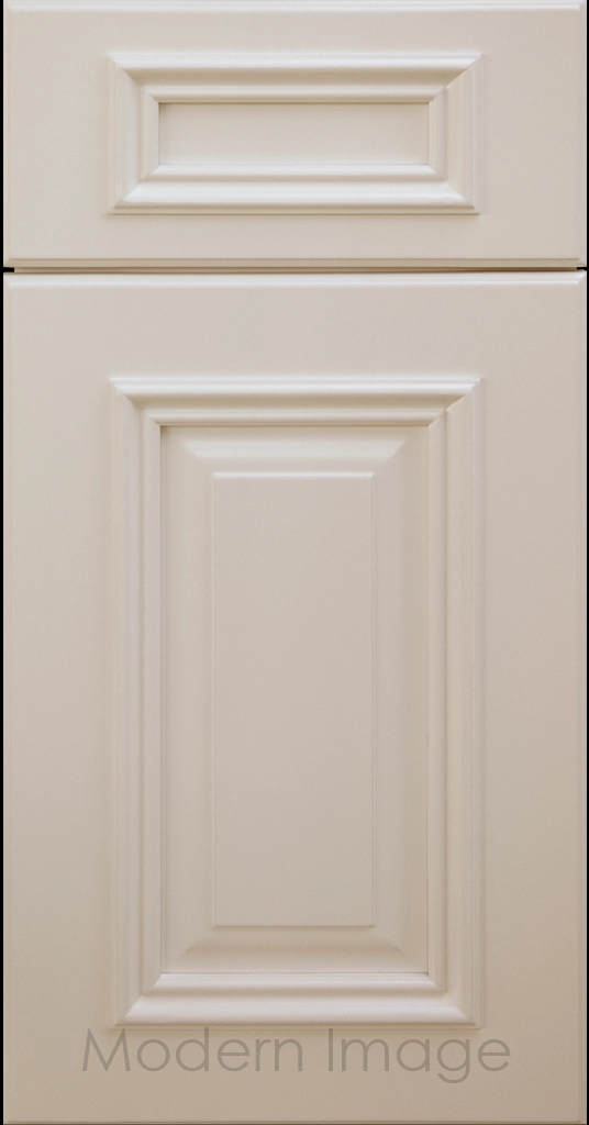 Hamilton cabinet door in Beige color with double raised panel and mitered elevated molding.